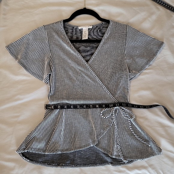 Caution To The Wind Black and White Striped Peplum Wrap Tie Front Blouse - Picture 5 of 8